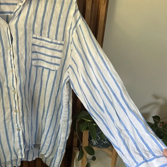 J Jill Love Linen Shirt Top Blue White Long Sleeve Striped. Size XL - Picture 9 of 12